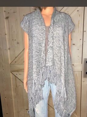 Vintage Boho Marled Gray Fringe Sweater Vest Cardigan OS